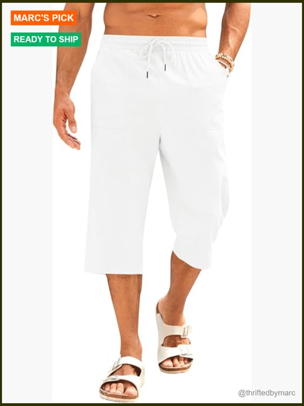 Men's Linen Capri Pants Elastic Waist Drawstring Lightweight Casual